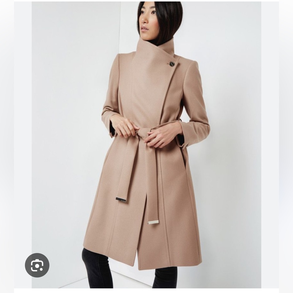 TED BAKER TAUPE BEIGE TAN WRAP WOOL COAT LONG BELTED SIZE 3 MEDIUM